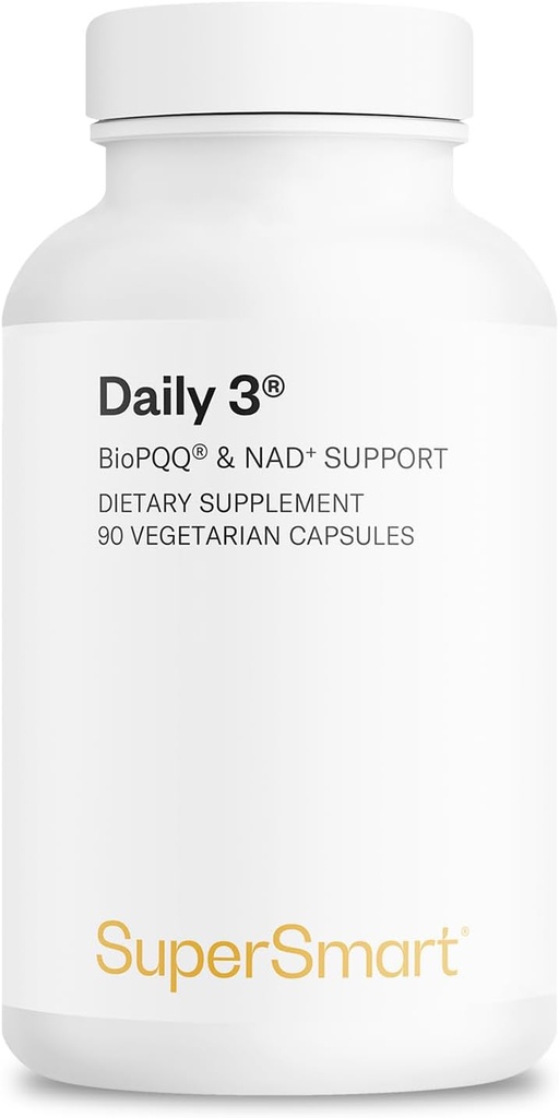 Supersmart Daily3 + Bio PQQ (All-in-One Formula) - Multivitamiin naistele ja meestele - 45 olulist toitainet | Mitte-GMO & Gluteenivaba | 1 kuu pakkumine - 90 taimekapslit