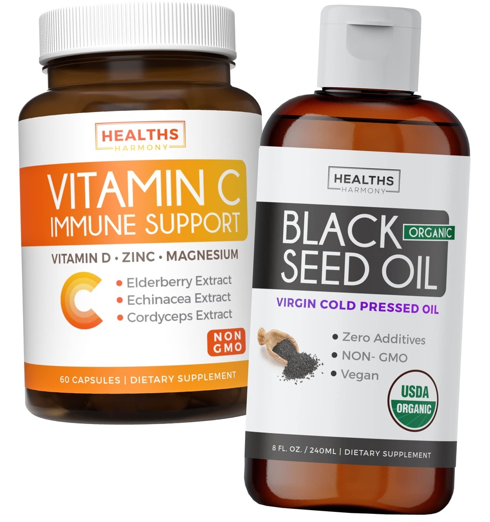 Bundle of Black Seed Oil Vedel & Vitamiin C - Immune Fusion Booster Pack - Organic Black Seed Oil Vedel (8fl oz) Premium Külmpressitud Nigella Sativa & C-vitamiini Immune Support (Non-GMO)(60 kapslit)