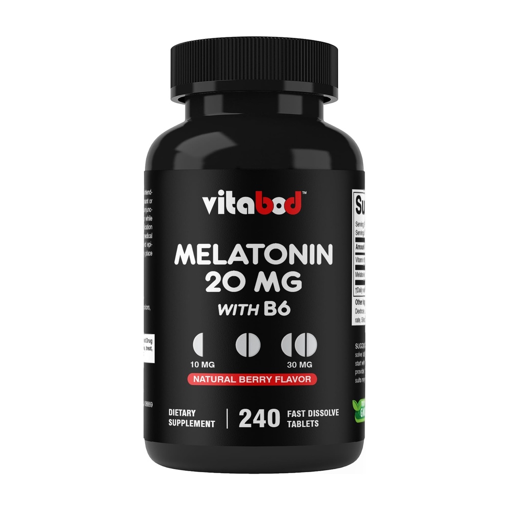 Vitabod Melatoniin 20 mg - 240 Kiiresti lahustuvad tabletid - Ravimivaba - looduslik marjamaitse - taimetoitlane, mitte-GMO, gluteenivaba 240 loendit (1. pakk) (240 loend (1. pakk))