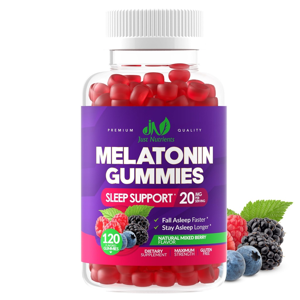 Melatoniin 20mg Gummies (120 Count) - Maksimaalne tugevus magada toetust täiskasvanutele 10mg melatoniini kohta Gummy - Gluteenivaba, mitte-GMO, taimetoitlane, hea maitsega segatud marja maitse - 60 Serving