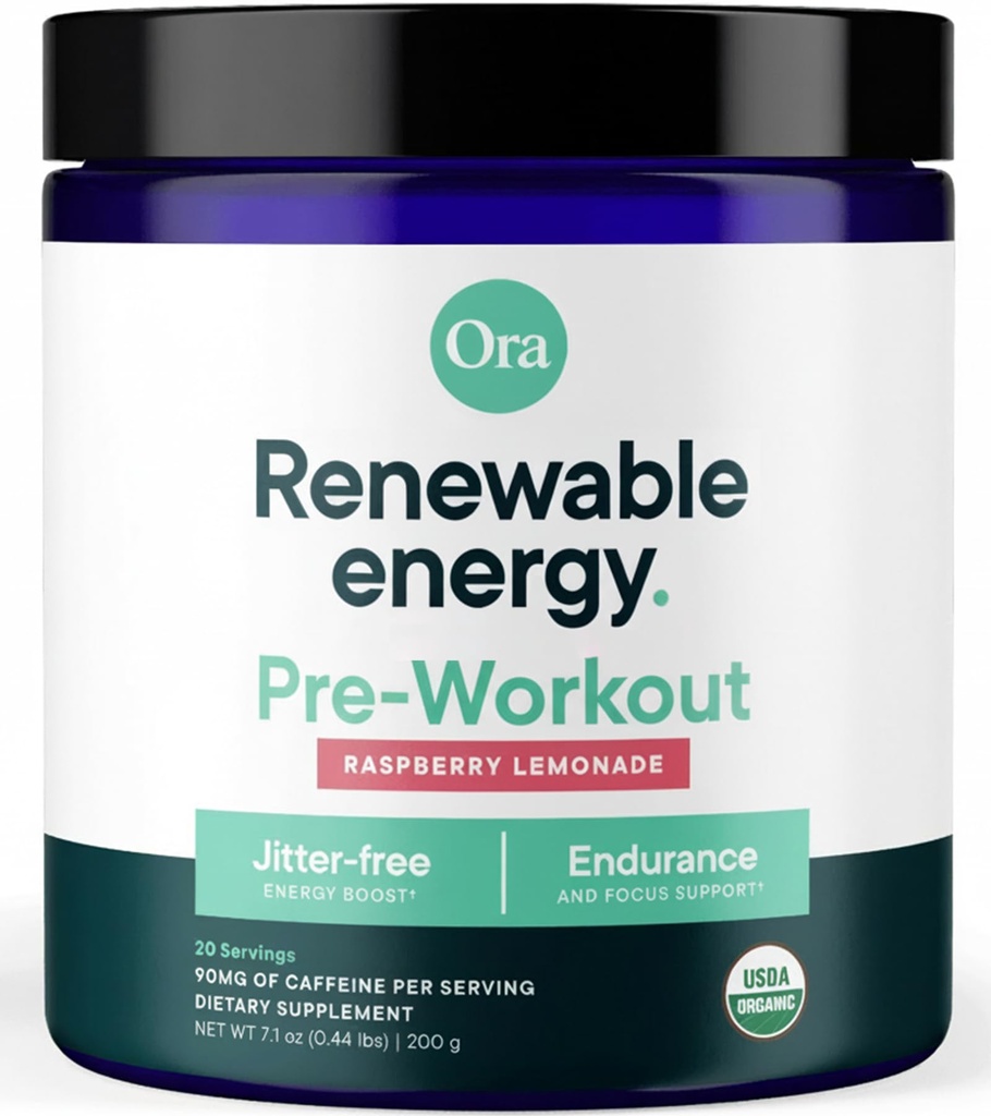 Ora Organic Natural Pre Workout Powder - Vaarika Lemonade Maitse - Annab Jitter Vaba Energia, Keskendumise, Hüdreerimise Ja Vastupidavuse - Vegan, Sertifitseeritud Orgaaniline, Soja, Piima Ja Gluteeni Vaba, 20 Servingut