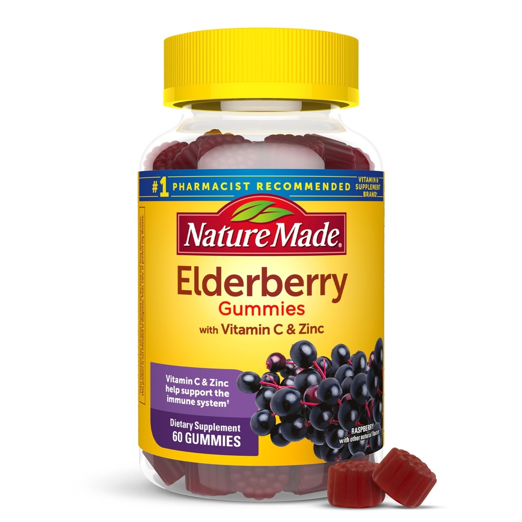 Loodus tegi Elderberry vitamiin C ja tsink, toidulisand immuunsüsteemi toetuseks, 60 Elderberry Gummies, 30 päeva pakkumine