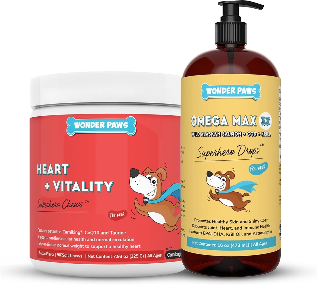 PAWS Heart + Vitality Superkangelane närib Plus Omega Max kalaõli - koertele Südame tervis, nahk ja liigeste hooldus & immuuntoetus - Süda + Vitaalsus 90 närimist - Omega Max 16 Ounces