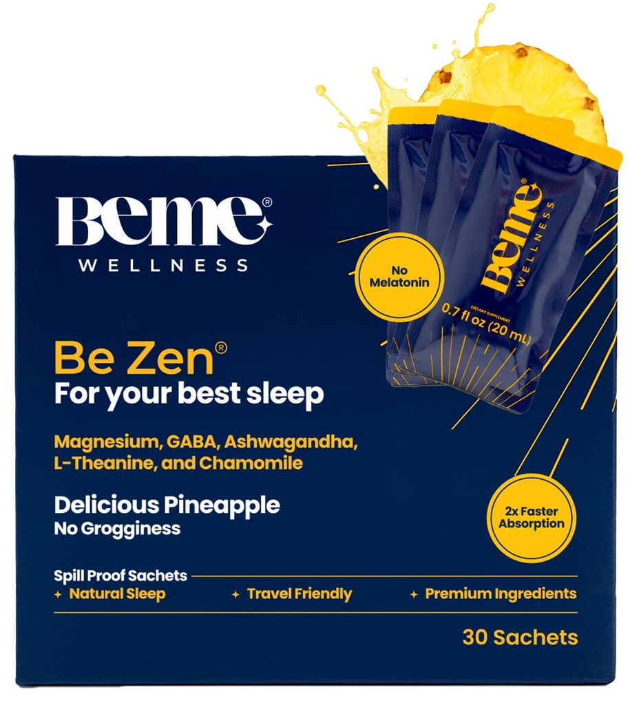 BeMe BeZen Sleep Aid Supplement Natural Ilma melatoniini - 2X imendumist kui pillid - une abivahendid täiskasvanutele Magneesium, Ashwagandha, Kummel, L-Theanine & GABA - Maitsev ananassi