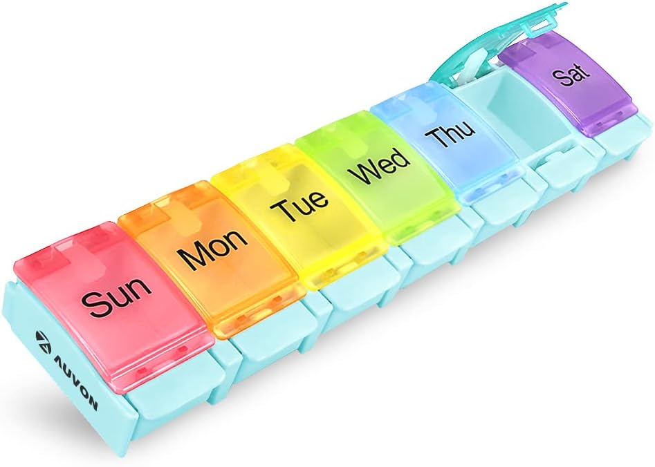 AUVON Weekly Pill Organizer Artriit Sõbralik, BPA tasuta reisimine 7-päevane pillide karp koos kevadise avatud disainiga ja suure koostisega vitamiinide, tursamaksaõli, toidulisandite ja ravimite hoidmiseks