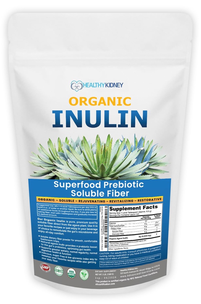 Orgaaniline inuliinipulber (48oz/3 naela) Õrn Agave Prebiootiline Lahustuv Fiber Täiendus Seedetrakti Tugi, Soolestiku Tervis, Vegan Küpsetamine, Smuutid Ja Joogid