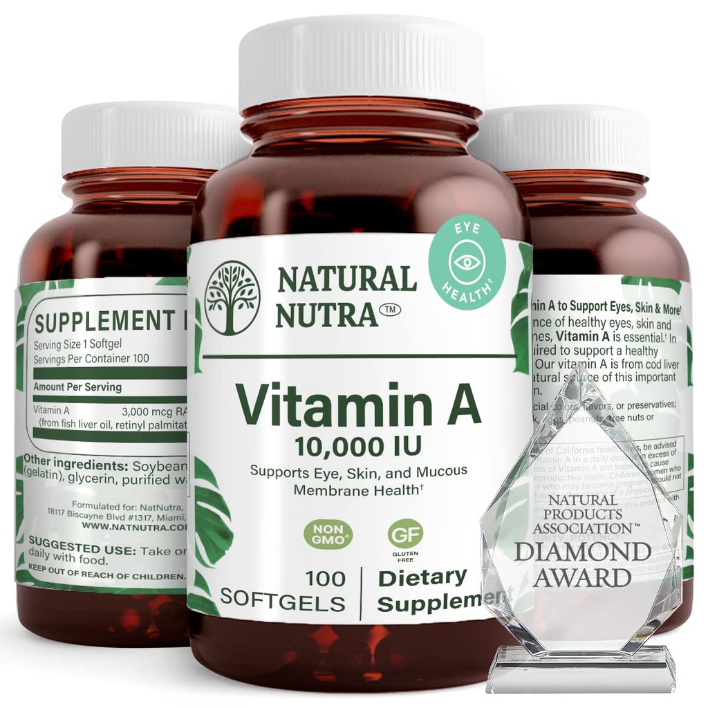 Natural Nutra Vitamiin A 10 000 RÜ Softgels - kõrge potentsi silma ja naha vitamiinid - Gluteenivaba Vitamiin A Täiendus nägemise ja naha tervise - Kala Maksaõli meestele ja naistele, Gluteenivaba 100 Softgels