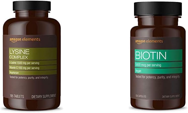 Elemendid Lüsiini kompleks C-vitamiiniga (1500 mg L-lüsiini 100 mg C-vitamiiniga serveerimise kohta - 3 tabletti), toetab immuunsüsteemi tervist, taimetoitlust, 195 arvu (pakendamine võib varieeruda) ja elemente Vegan Biotin 5000 mcg - juuksed, nahk, küüned, 130 kapslit (4 kuu pakkumine) (pakend võib varieeruda)