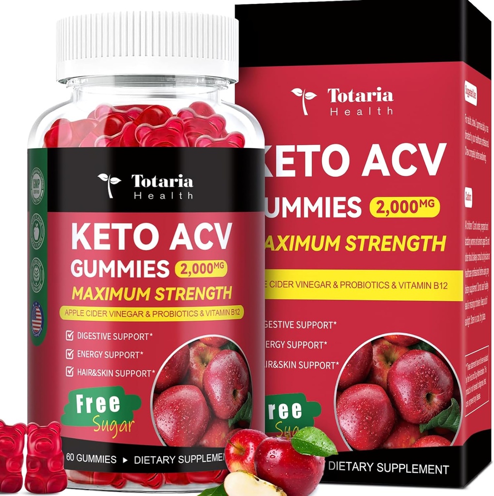Totaria Keto ACV Gummies - 2000mg Apple Siider Äädikas Gummies Sugar-Free Support Stature Tervis probiootikumid, B12, Keto täiendused naistele ja meestele, 60 loeb