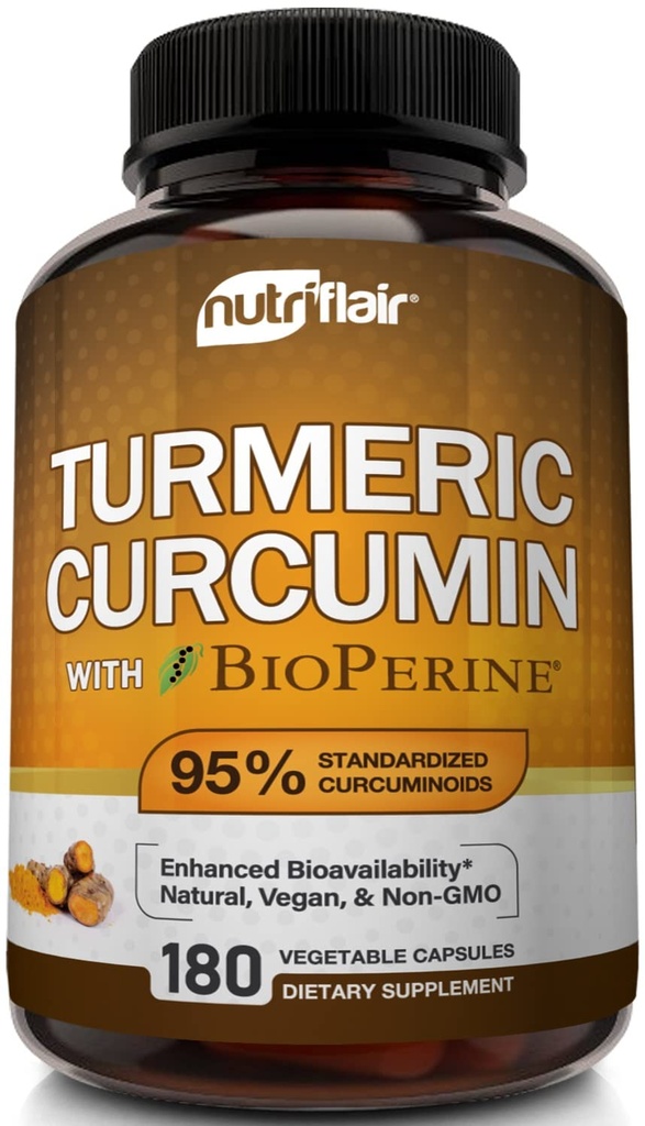 NutriFlair Turmeric Curcumin bioperiiniga - 1300mg, 180 kapslit - 95% standarditud kurkuminoidid Kurkumlisandi ekstrakt musta pipariga optimaalseks imendumiseks - 180 kapslit