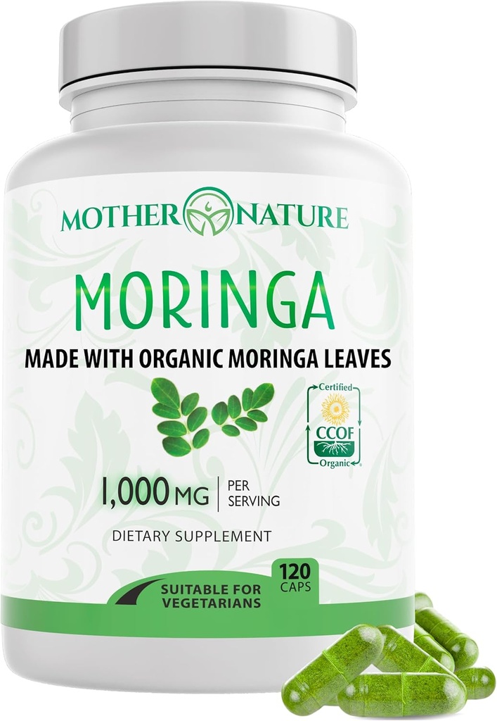 Mother Nature Organics Moringa Capsules – Organic Moringa Leaf Powder, Single Origin, Energy & Immune Support, Metabolism, Focus, Vitamin C – Vegan, 500mg, 120 Capsules