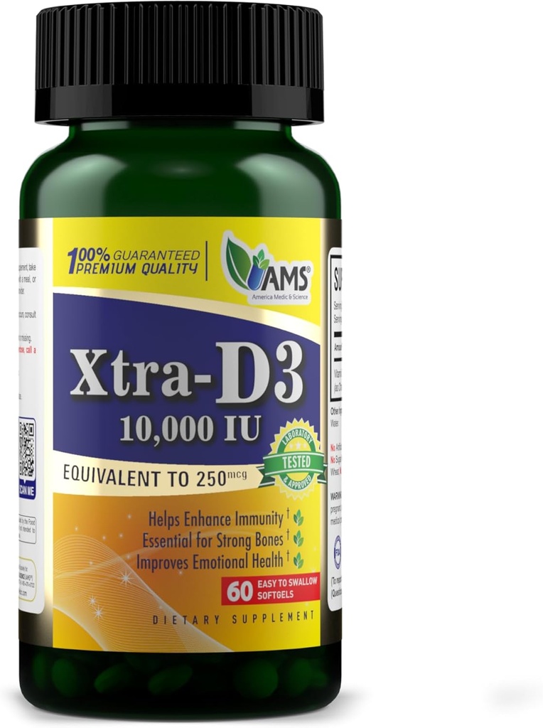 Ameerika Medic & Science Xtra D3 Vitamiin D 10 000 RÜ (250 mcg) Kolekaltsiferooli lisand meestele ja naistele (60 lihtne neelata softgels) Parim luu, südame tervis, immuunsüsteemi tugi, kopsufunktsioon
