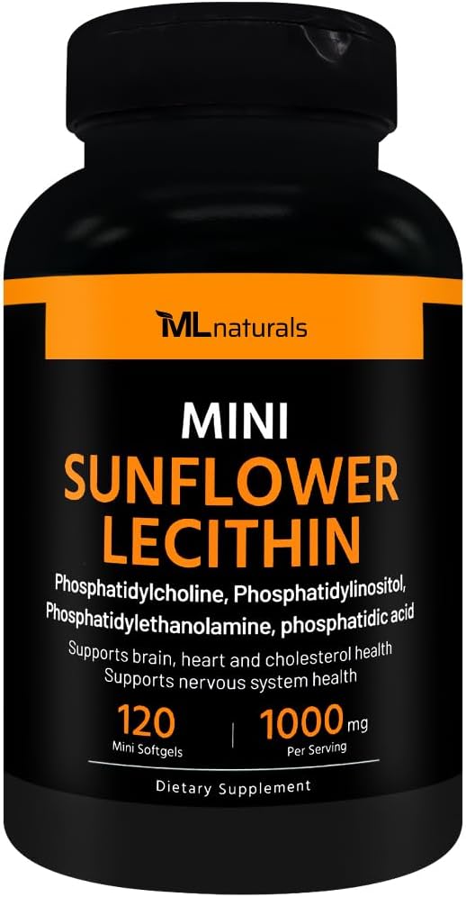ML Naturals Mini Päevalilleletsitiini 1000 mg 120 Softgels, Lihtne neelata, toetab aju tervist. Mitte-GMO, NSF- sertifitseeritud & cGMP- ga vastavuses