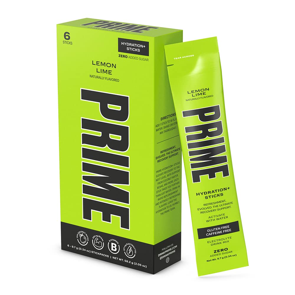 PRIME HYDRATION+ Stiklid Sidrunlubja | Hüdratsioonipulber Ühe Serviga Pulgad | Elektrolüüdipulber Go | Madal suhkur | Kofeiinivaba | Vegan | 6 Pulgad