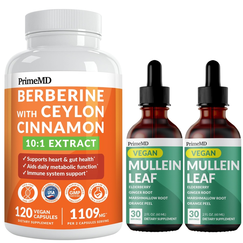 21-in-1 Berberine Supplement koos Ceylon Cinnamon Chromium, Bitter Melon ja rohelise tee ekstrakt (120 ct) ja 5-in-1 Mullein tilgad kopsud ja hingamisteede kopsude tervise ja bronhide toetust (60 Servings)