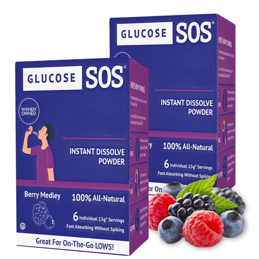Glükoos SOS Glükoosipulbri pakendid loodusliku dekstroosiga, kiire imendumine See koheselt lahustub teie suus ilma veeta, Berry Medley 12 serveerimist