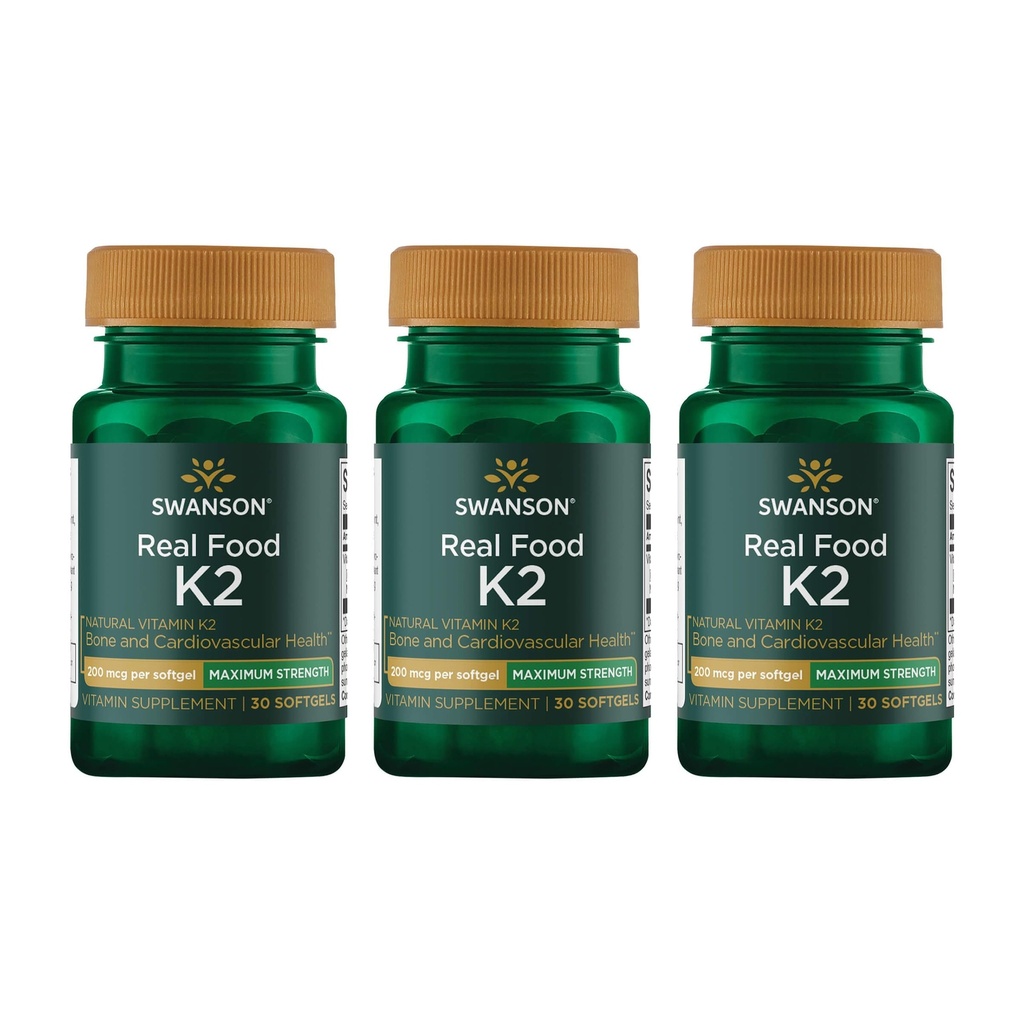 Swanson Maksimaalne tugevus Vitamiin K2 (Menakinoon-7)-vitamiini täiendus, mis toetab südame-veresoonkonna ja luude tervist, mis on valmistatud Jaapani Nattost, et aidata reguleerida kaltsiumi (30 Softgels, 200mcg iga) (3 pakend)
