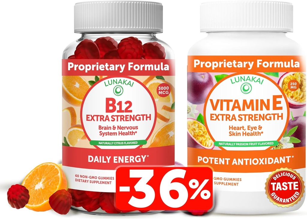 Lunakai Vitamiin B12 ja Vitamiin E Gummies Bundle - 3000 mcg Gummies täiskasvanutele Energia toetus ja luude tervis - 250 mg 1000 iu Natural VIT E Plus C toidulisandeid