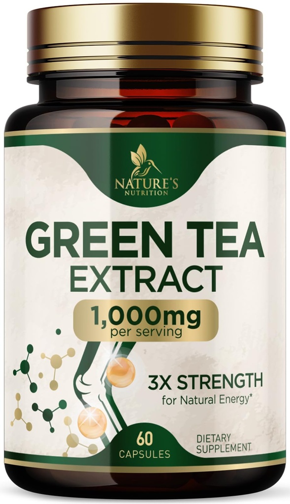 Rohelise tee ekstrakti kapslid 1000 mg - standardiseeritud 45% EGCG & 98% polüfenoolid - 3X Tugevus Roheline tee pillid loodusliku energia - toetab südame tervist, taimsete täiendada, vegan, Non-GMO - 60 kapslit