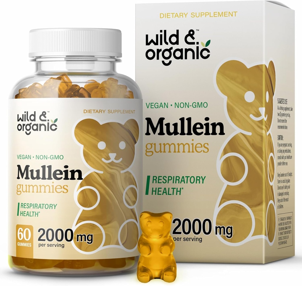 Wild & Organic Mullein Gummies for Lungs 2000mg - Lung Detox and Cleanse - Vegan Mullein Leaf Gummies for Immune Support - 60 Non-GMO Taimeekstrakti närimiskummid