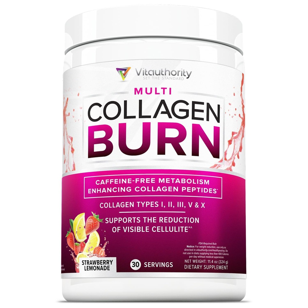 Multi-Kollageeni põletamine: Hüdrolüüsitud valgupeptiidid hüaluroonhappega, C-vitamiin, SOD B Dimpless, I, II, III, V ja X tüübid, Kofeiinivaba Maasika Lemonaad Maitsestatud 30 Servingut