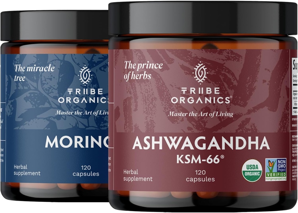 TRIBE ORGANICS Kestvusduo: Orgaaniline KSM-66 Ashwagandha + Orgaaniline Moringa - Vegan Kapslid - 2 kuu pakkumine - Ajufunktsioon, fookus, meeleolu tugi, energia ja tugevus