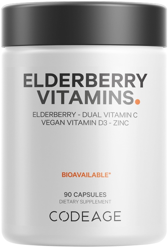 Kodeiin Elderberry Vitamiinid - Orgaaniline kääritatud Elderberry Blend, C-vitamiin askorbiinhape ja orgaanilised Acerola Kirsid, Vitamiin D3, Tsink, Sambucus Marjad - 90 kapslit