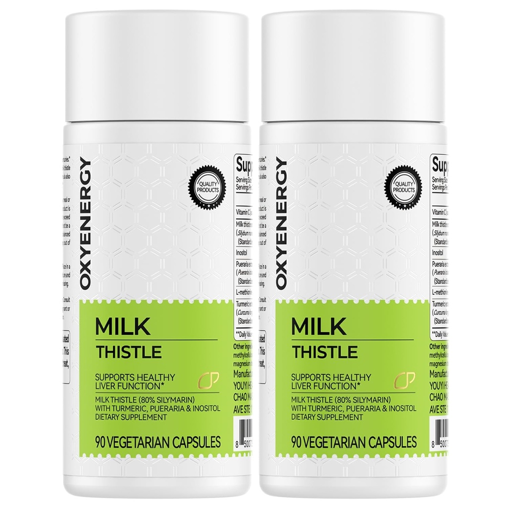 OxyEnergy Silymarin Milkohle 300mg ekstrakt C-vitamiini, inositooli ja Pueraria, maksa detoxi ja parandamise tugi, antioksüdantide tugi, 90 kapslit, pakend 2