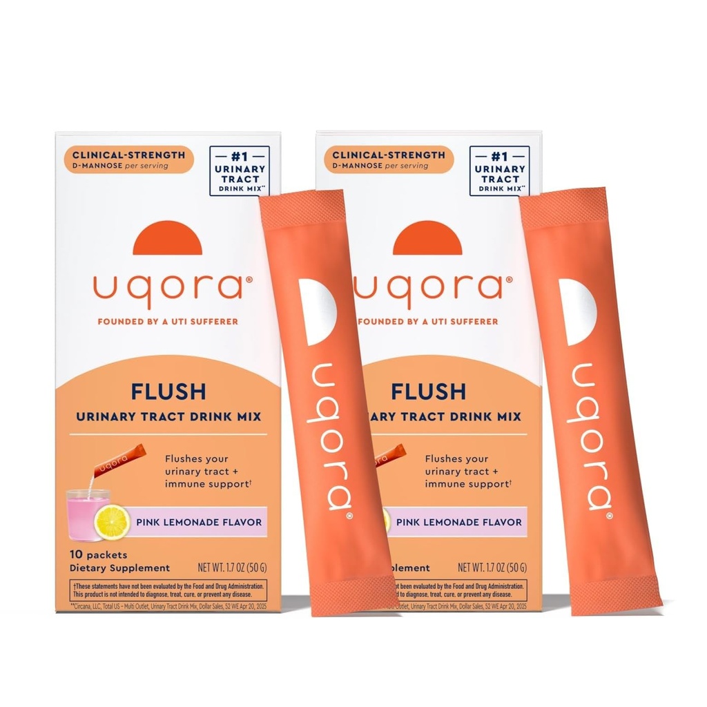 Uqora Flush - kuseteede * D-Mannoosi, C-vitamiini, B6-vitamiini, kaaliumi, magneesiumi ja kaltsiumi - gluteenivaba & vegan - roosa limonaadi maitse - 20 pakendit (2 pakendit)