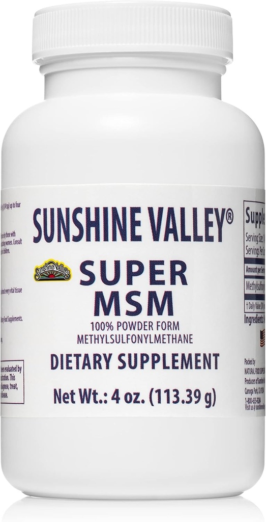 Sunshine Valley® Super MSM täiendus - Metüülsulfonüülmetaan MSM kristallid pulber liigese toetamiseks, küüned, juuksed ja naha tervis - 100% puhas pulber, maitsestamata, toidulisand - 4 oz