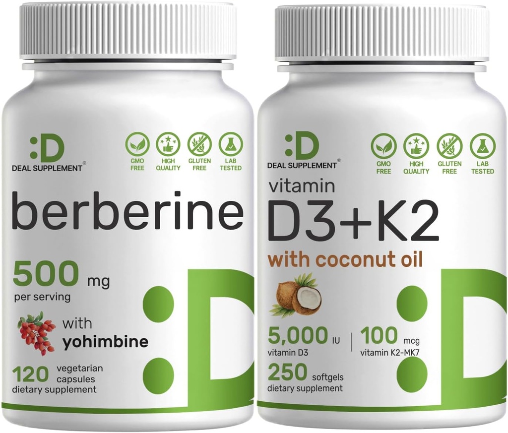 DEAL TARNIMINE Vitamiin D3 5000iu + K2 100mcg Softgels & Berberine Supplement koos Yohimbine Bundle - Essential Sunshine Vitamiinid - kõrge imendumine vesinikkloriid HCl vormid