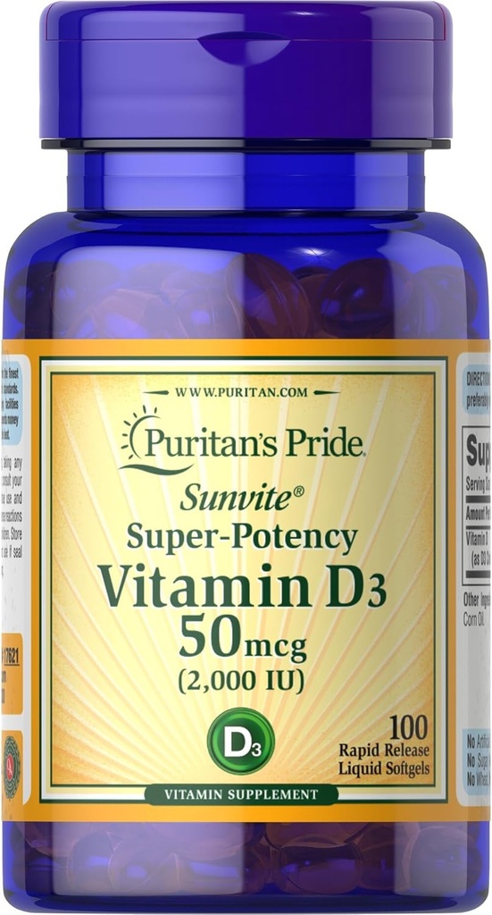 Puritan's Pride Sunvite Super High Potency Vitamiin D3 2000IU 100 Softgels