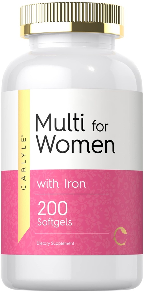 Carlyle Multivitamiin naistele Raud | 200 Softgels | Olulised vitamiinid, mineraalid ja Omegas | Toitumistoetus Täiendus | Mitte-GMO & Gluteenivaba