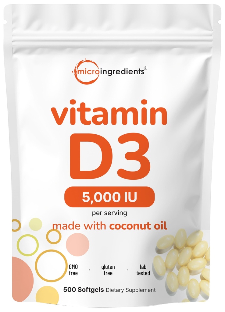 Mikrokoostisosad Vitamiin D3 5000 RÜ, 500 Softgels | Neitsi kookosõli | Kolekaltsiferooli vorm | Luu, immuun- ja südametoetus | Lihtne neelata, mitte-GMO