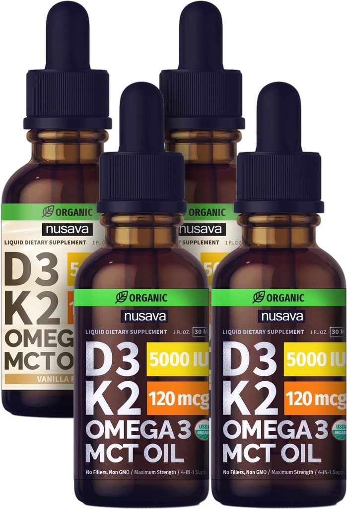 NUSAVA maitsestamata D3 K2 Vedelad tilgad ja Vanilje Maitsestatud D3 K2 Vedelik tilgad Bundle - Tugevad vedelad vitamiinid südamele, liigesele, luule, lihastele ja immuunsüsteemile - Mitte-GMO, Gluteenivaba, 2pk Iga