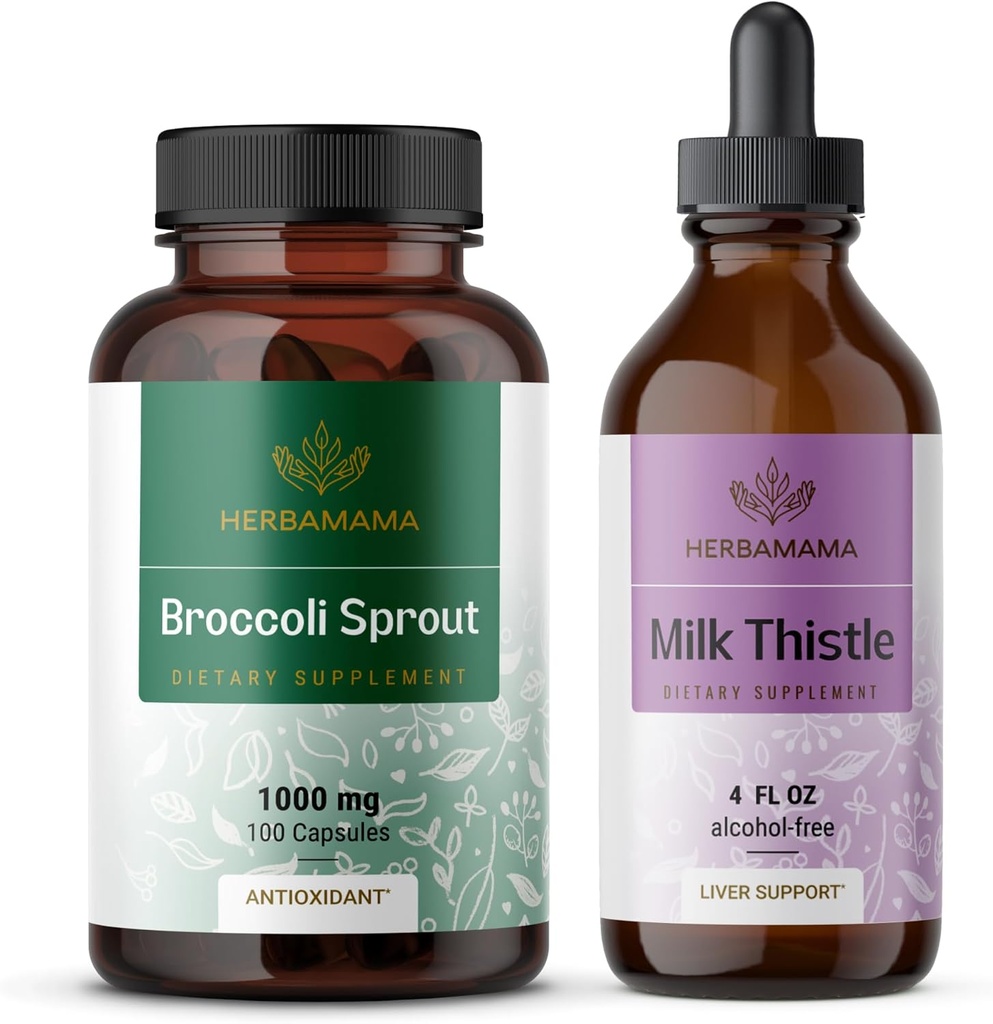 HERBAMAMA Broccoli Sprout ja Piimaohakakomplekt - 1000 mg brokoli kapsas Kapslid ja piimaohakas Ekstrakt 4 fl oz - Vegan, mitte-GMO, suhkur ja alkoholivaba - 2 pakendit