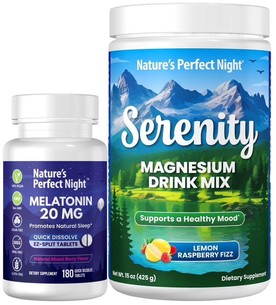 Nature's Perfect Night Melatoniin 20mg Kiiresti Lahutatav Segatud Berry 180 Count Serenity Magneesium Pulber 15 oz Sidrun Vaarika