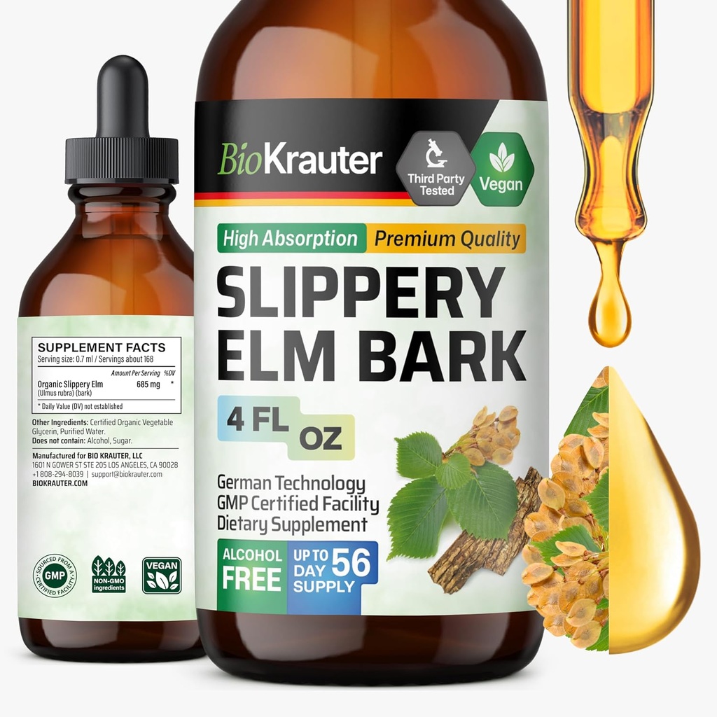 BIO KRAUTER Slippery Elm Bark Tinktuur - Puhas libe Elm naistele ja meestele - 4 Fl.Oz. 56 tarnepäeva - kurgu ja hääle tugi - Vegan Vequid tilgad kopsudele - Hingamisteede ja seedetrakti tervis