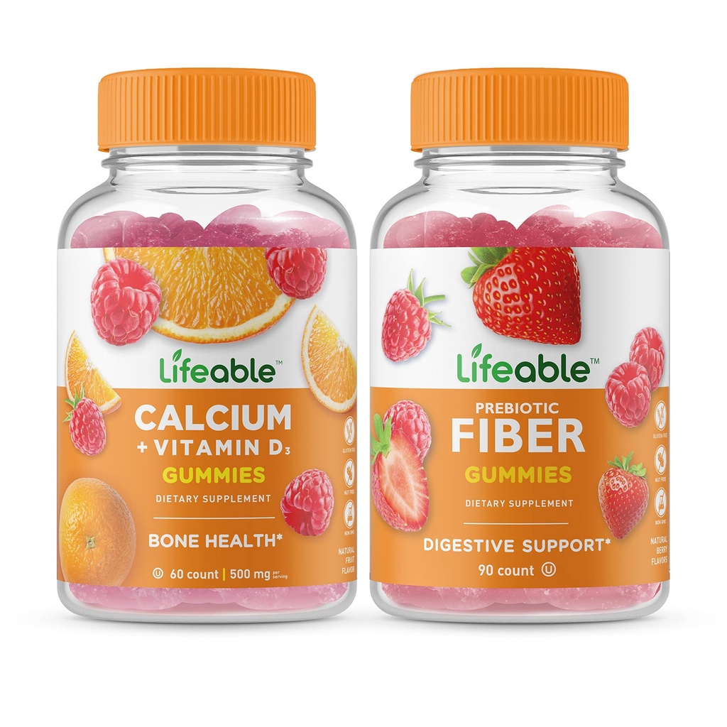 Elujõuline kaltsium D-vitamiini + prebiootilise kiud 5 g, Gummies Bundle - suurepärane maitse, vitamiinilisand, Gluteenivaba, GMO-vaba, närimiskõlblik