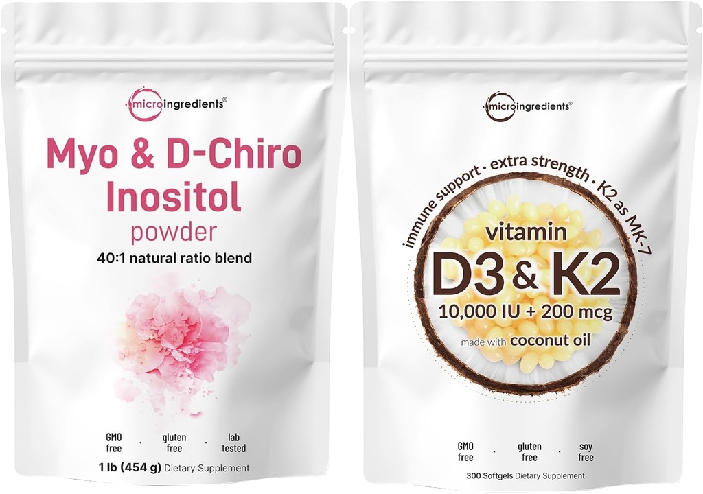 Mikrokoostisosad Vitamiin D3 10 000iu + K2 200mcg Kookosõli Softgels & Myo & D-Chiro Inositool Pulber Bundle 2 Pack | Essential Sunshine Vitamins | Inositool Supplement naistele