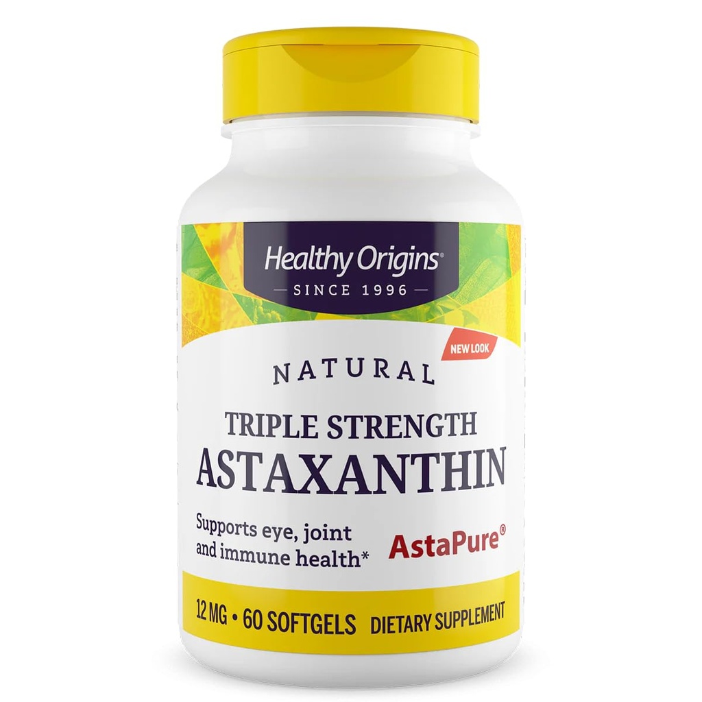 Tervislik päritolu Astaksantiini 12 mg (looduslik, Astapure, kolmekordne tugevus, mitte-GMO, gluteenivaba, silmatugi, liigesetugi, immuuntugi), 60 Softgels