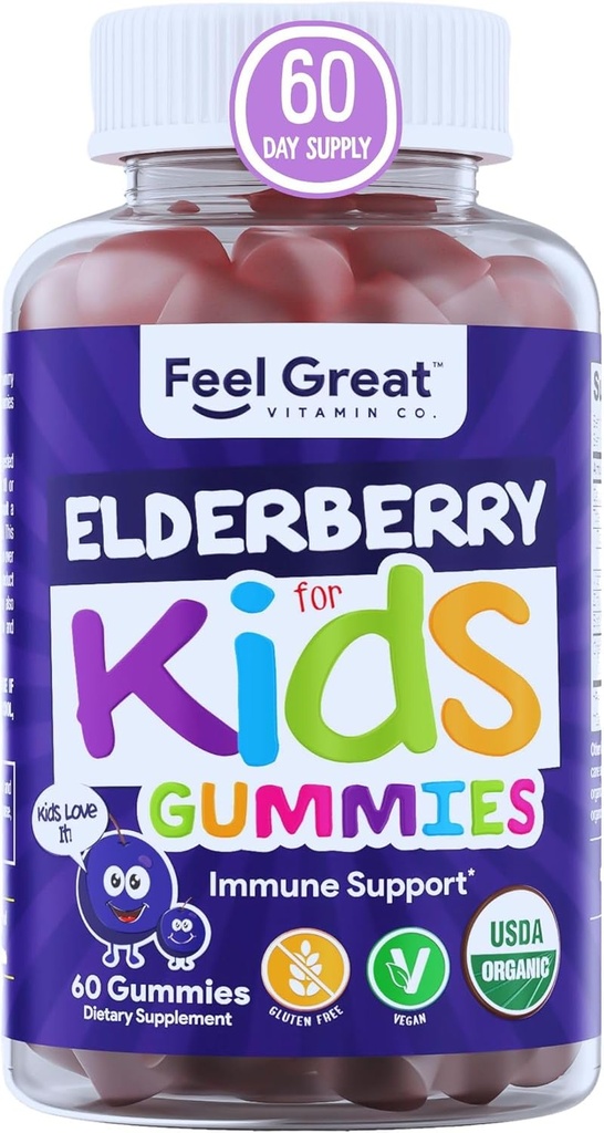 USDA orgaaniline Elderberry Gummies for Kids | Immune Support Elderberry koos tsingi ja C-vitamiiniga - Gluteenivaba ja vegan Laste vitamiinid - 60 Count | Sambucus Nigra Supplement