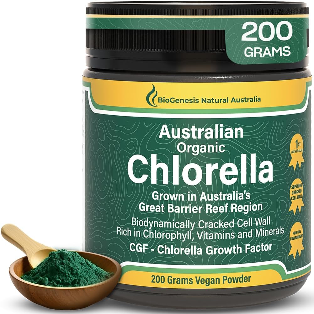 Biogenees Orgaaniline Chlorella pulber – 200 g | Austraalias kasvanud | Biodünaamiline mõranenud rakusein | Klorofülli, vitamiinide ja mineraalide rikas | Toetab energiat ja immuunsust | Veganpulber