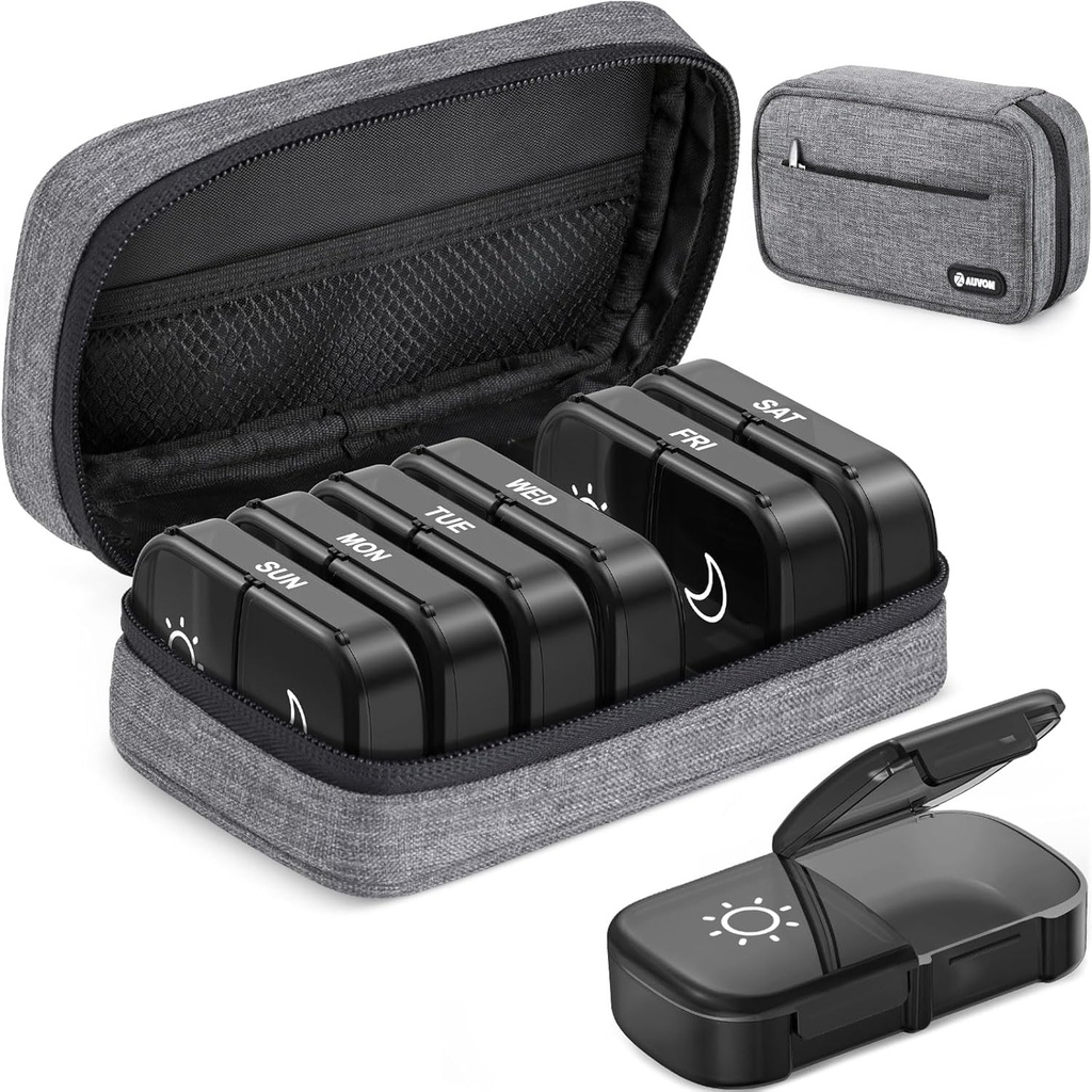 AUVON Canvas Bag XL Weekly Pill Korraldaja 2 korda päevas, Travel Pill Box 7 päeva ühepoolne suur avamine, AM PM Pill juhul kaasaskantav riidekott toidulisandeid, vitamiine, kalaõli