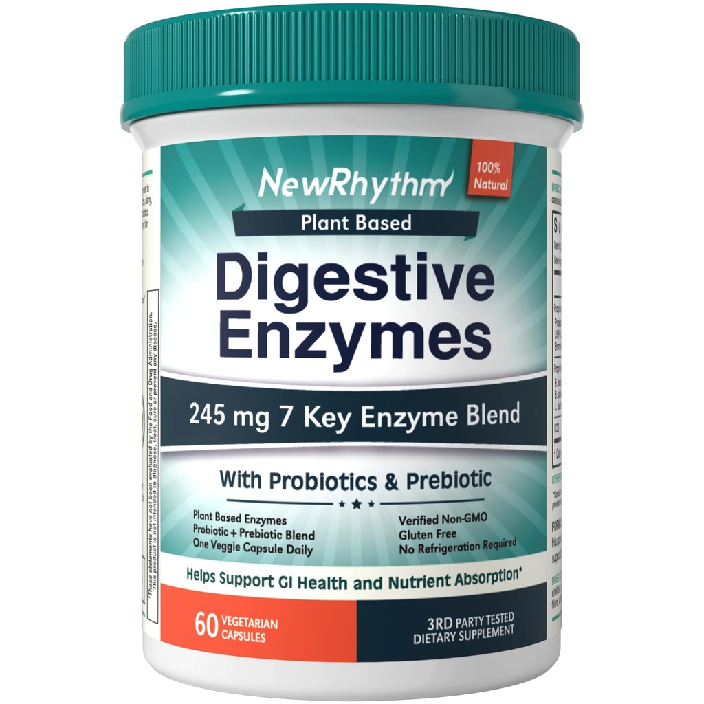 NewRhythm Digestive Enzymes 245 mg, probiootikumid ja prebiootikumid, taimepõhine, 7 võtmeensüümi, seedimine, toitainete imendumine, proteaas Amylase & Lipase, 60 vegankapslit
