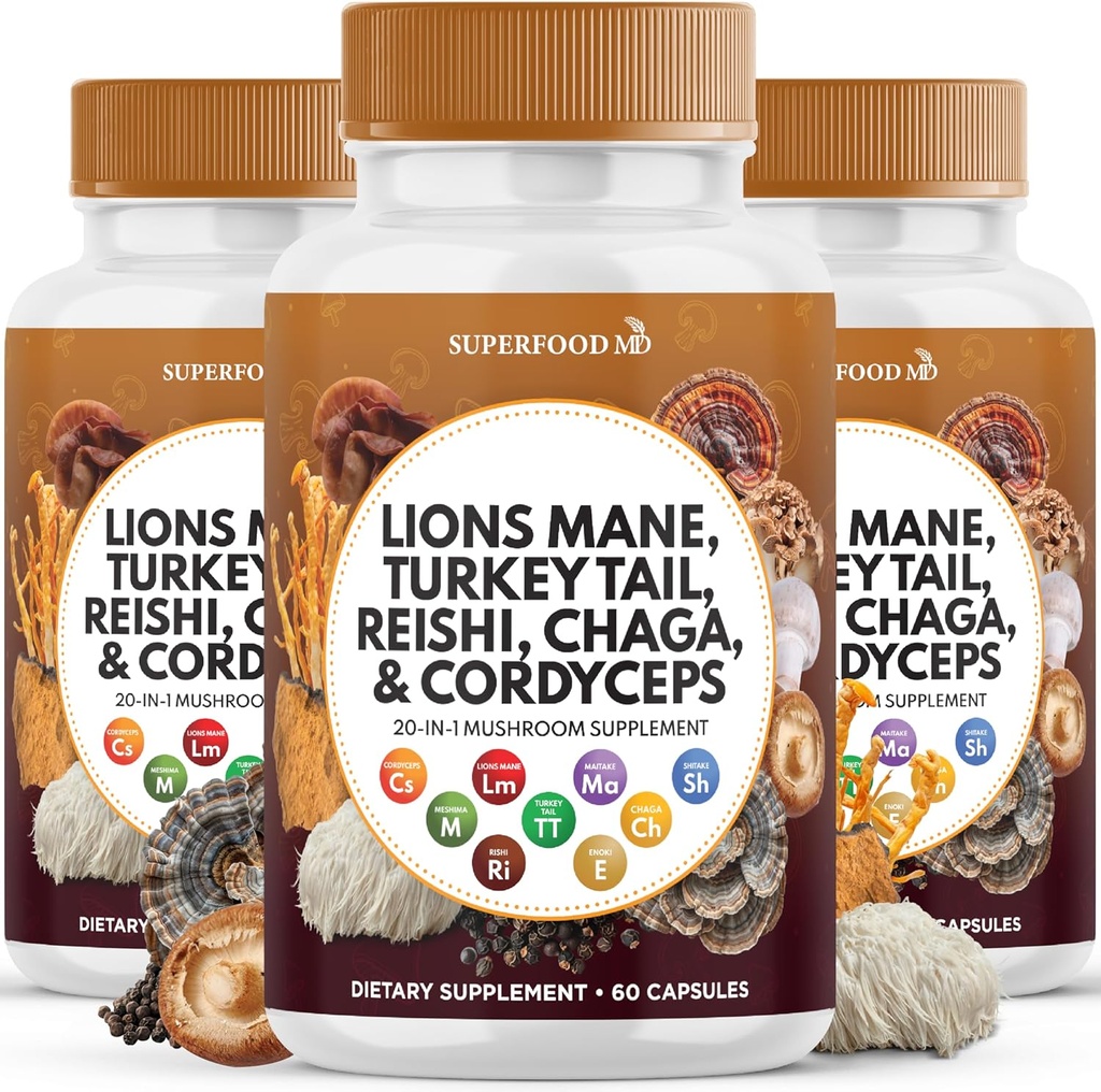 Lions Mane Seenelisa Türgi saba Reishi Cordyceps Chaga koos vahukommi juurega - 180 krahv