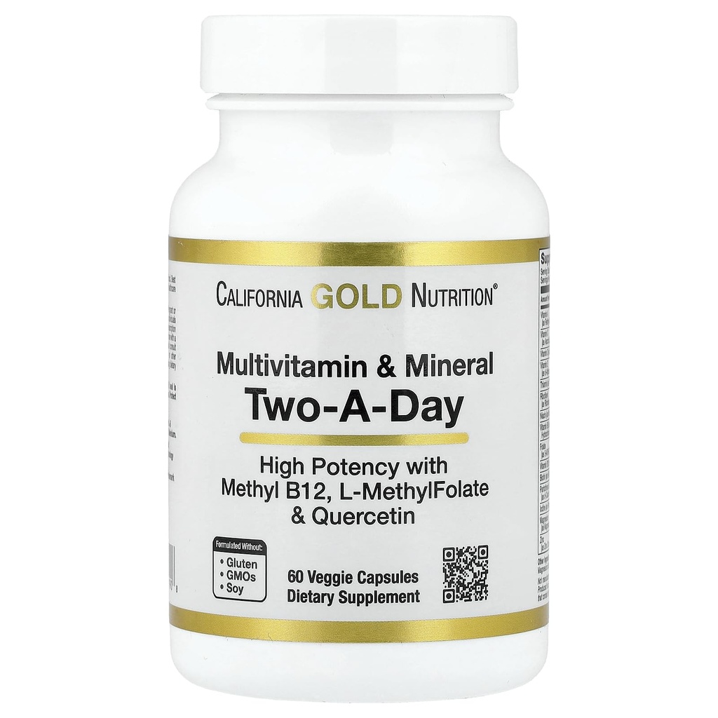 California Gold Nutrition Multivitamiin ja mineraal Metüül B12, vitamiin C, L-metüülfolaat ja Bio-Kertsetiin, kaks-A-päeva, 60 Veggie kapslit