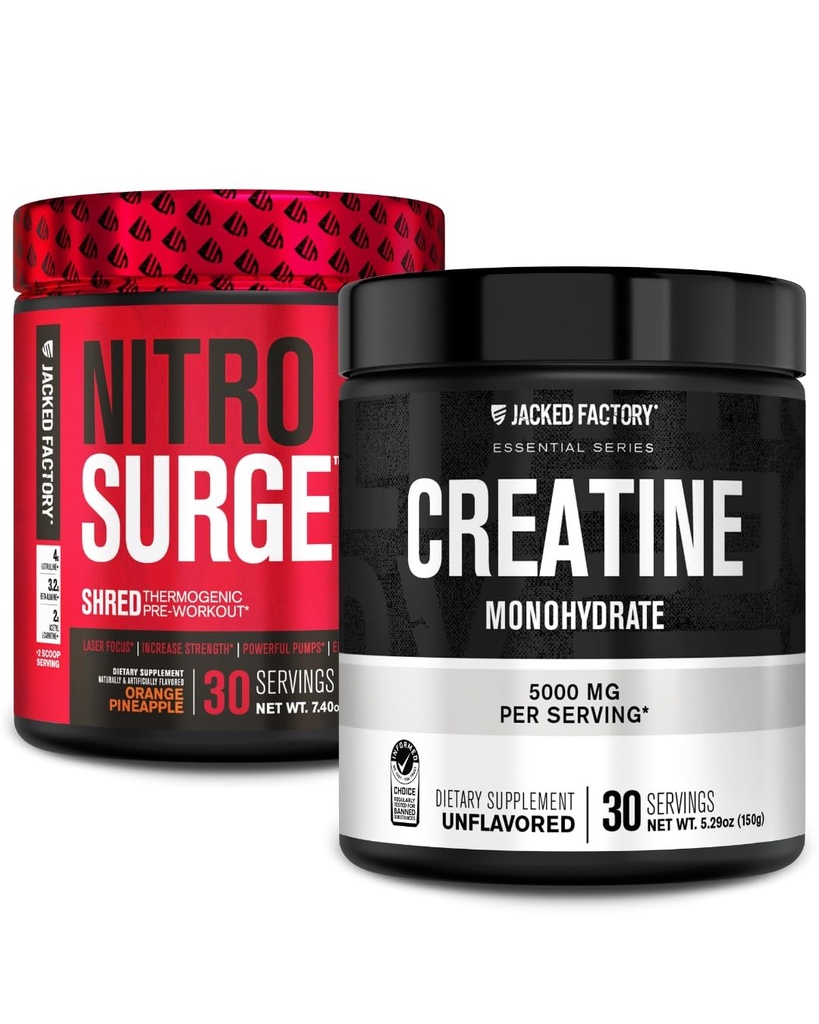 Jacked Factory NITROSURGE Shred Pre Workout Supplement (Apelsini ananass, 30 serveerimist) & Kreatiinmonohüdraadi pulber (maitsestamata, 30 serveerimist)