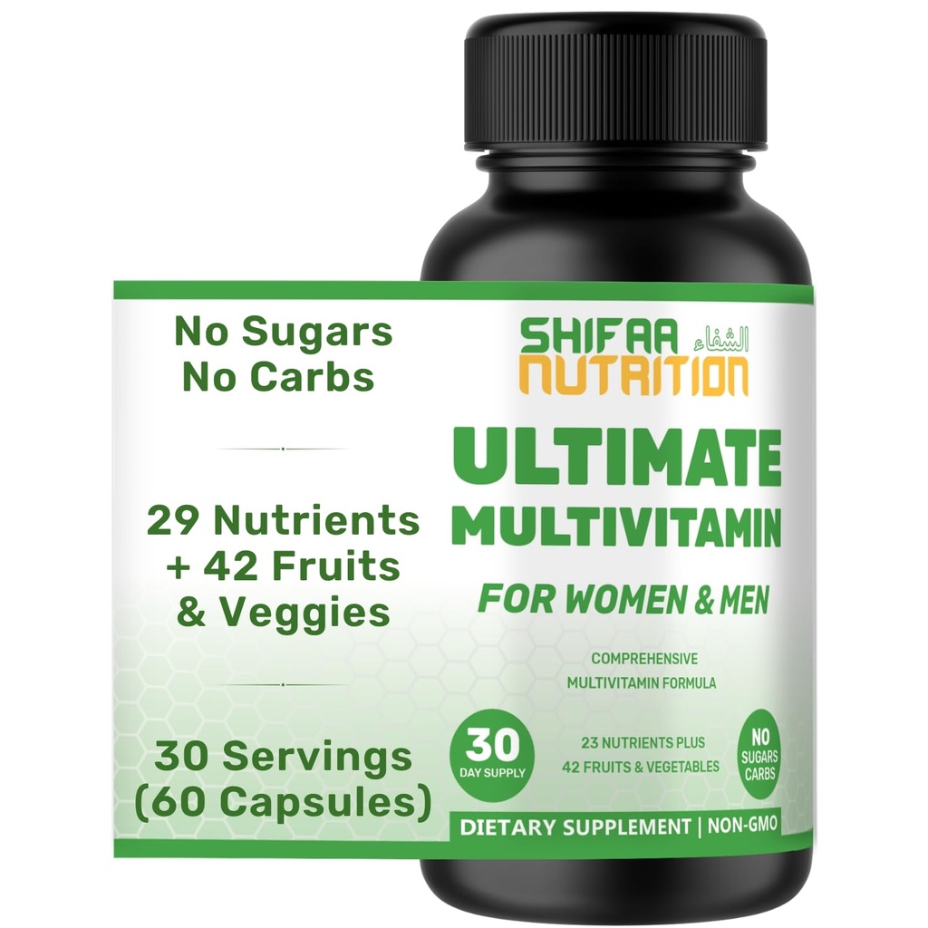 SHIFAA TOITMINE Halal Multivitamiinid naistele, meestele ja täiskasvanutele, 30 Servings | Raud, A-vitamiin, B6, B12, biotiin, niatsiin, C, D3, E, tsink, kaltsium, foolhape, CoQ10 | Halal Vitamiinid