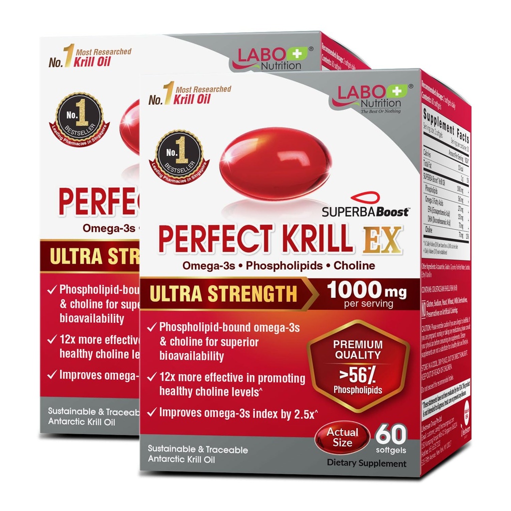 LABO Nutrition Perfect Krill EX, 1000mg Antarktika krillõli Omega 3 EPA DHA, Kõrgeimad fosfolipiidid (üle 56%) koos koliiniga, astaksantiin | Südameaju liigese tervis, valmistatud USAs, 60 softgelsX2